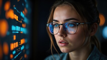 focused young woman wearing glasses looking intently at a colorful illuminated digital screen reflec