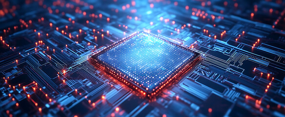 Blue digital technology background with circuit board and glowing dots on a dark blue banner for web design, mobile app, or presentation about future technological devices.