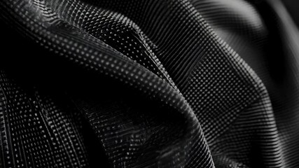 Textured dark metallic material folds and patterns, showing intricate repeating geometric shapes and woven details, creating a sophisticated, abstract backdrop