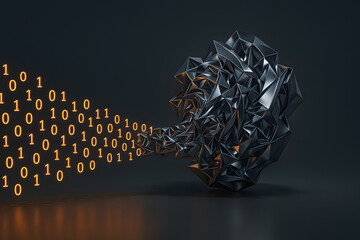 digital binary stream emerging from a futuristic abstract polygon shape on a dark background represe