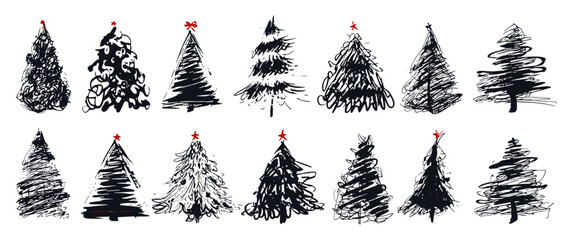 Handdrawn doodle christmas tree, cute sketchy pine, rough charcoal pencil fir, childish scratchy drawing, vector illustration, holiday design, festive decor, xmas artwork, pine tree drawing.