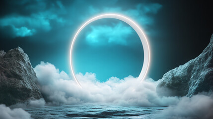 Fototapete - A mystical circular portal emerges from the misty clouds, showcasing an ethereal atmosphere and dramatic sky.