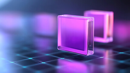 Leinwandbilder - Abstract representation of technology featuring translucent purple cubes on a digital grid, symbolizing innovation and creativity.