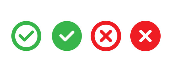 yes or no. tick and close mark icon set. check, cross, right, wrong, accept, reject symbol. green and red confirm and reject png and vector illustration on transparent background