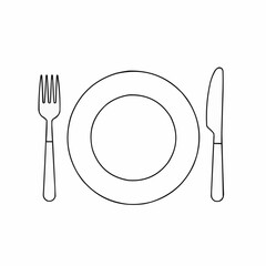line art of fork and knife beside empty plate