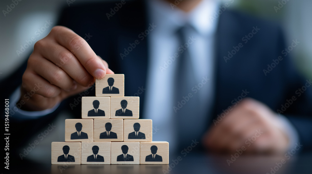 Corporate scene showing executive arranging wooden pegs labeled with ...
