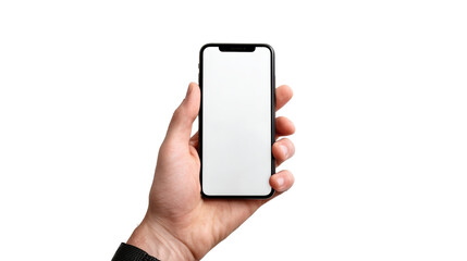 a person's hand holding a modern smartphone with a blank screen, perfect for displaying apps or mess