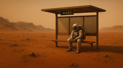 Wall Mural - astronaut is seated at a bus stop on the martian surface, surrounded by a rugged, red terrain. surre