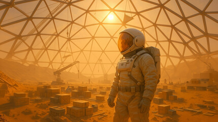 Wall Mural - an astronaut stands inside a large geodesic dome on mars, observing the beginning of habitat constru