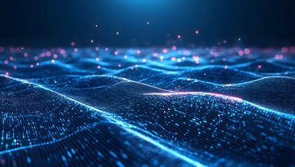 Abstract blue digital background with glowing dots and lines forming a landscape shape, representing technology or data science concepts. A visually appealing vector illustration 