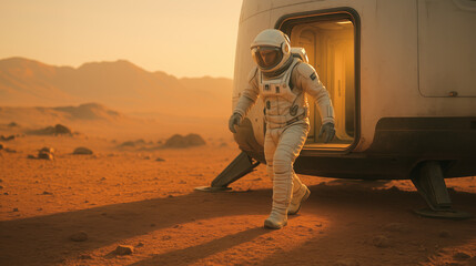 Wall Mural - an astronaut steps out of a habitat module on the surface of mars, surrounded by orange dust and rug
