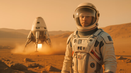 Wall Mural - an astronaut stands on the reddish surface of mars, observing a spacecraft lifting off in the backgr