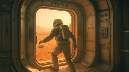 Wall Mural - an astronaut steps through an airlock, preparing to explore the rugged and dusty landscape of mars. 