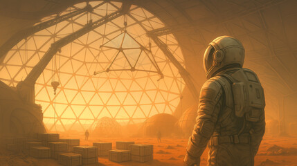 Wall Mural - astronaut stands inside a large geodesic dome habitat on mars, observing cargo boxes and other settl