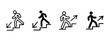 © iconostudio - Stairs direction icon. Person walking up and down stairs with directional arrows vector illustration. Step navigation and movement indication symbol. Entrance, exit and alert guidance pictogram.