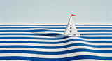 Minimalist sailboat model navigating stylized blue and white striped waves.