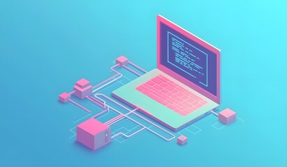 isometric illustration of a laptop with code on the screen and a connected network, a data flow diag