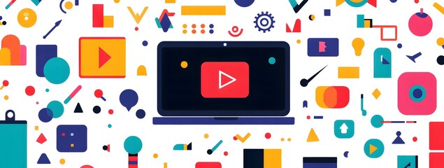 Wall Mural - laptop with colorful icons and symbols representing digital marketing, on a white background, in a v