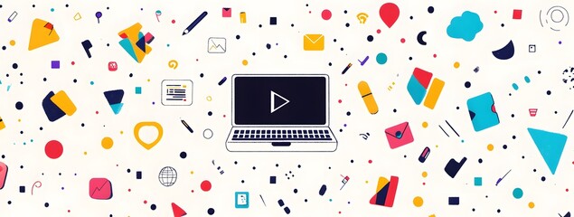 Wall Mural - laptop with colorful icons and symbols representing digital marketing, on a white background, in a v