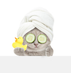 Aufkleber - Cute kitten with towel on it head and with slices of cucumber on it eyes looks above blank banner holds rubber duck and shows thumbs up gesture. Empty space for text. Isolated on white background