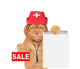 Poster - Smiling puppy dressed like a doctor with stethoscope and medic cap showing blank notebook and holding signboard with labeled 