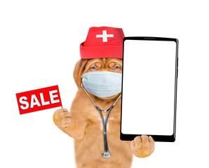 Poster - Funny Mastiff puppy wearing like a doctor with stethoscope on his neck showing big smartphone with white blank screen in it paw and showing signboard with labeled 