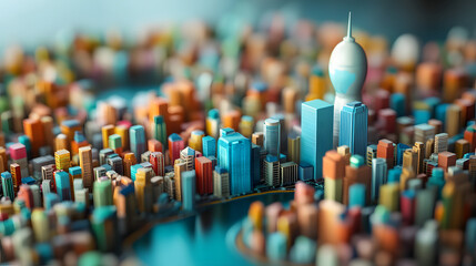 A vibrant miniature cityscape showcasing colorful buildings and a prominent tower, with a serene waterway in the background