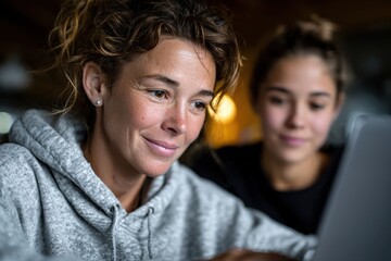 A woman intently engaged with her laptop is accompanied by a friend, showcasing the blend of technology and human interaction in a cozy setting with soft lighting.