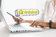 © JD8 - Customer or client with stars to complete five stars. Product or service review ideas from customer, reviews from customer and service of store to express satisfaction, increase credibility of store.