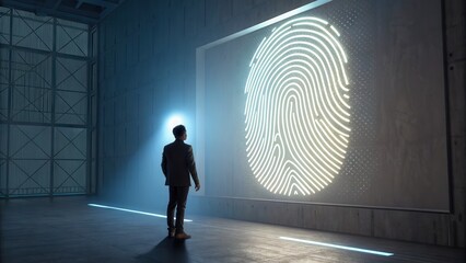 Poster - A man stands in front of a large illuminated fingerprint displayed on a futuristic wall in a dark, modern room.