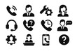 © aiVECTOR - Collection of black and white customer service icons illustrating various support roles and communication tools used in assistance tasks