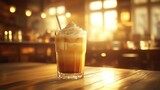 Iced coffee drink, frothy, cream,  sunlit cafe