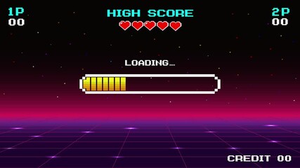 Wall Mural - LOADING. pixel art. 8 bit. retro game. for game assets. Retro Futurism Sci-Fi Background. glowing neon grid and star from vintage arcade computer game.