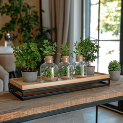 Poster - Glass vials with cork stoppers and potted green plants on wooden tray, modern home interior, natural light