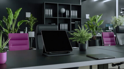 Poster - Modern minimal luxury office with black desk, digital tablet, green plants, and purple chairs, calm and stylish workspace