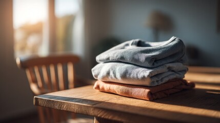Fototapete - Neatly folded clothes on a wooden table in a well-lit room during the afternoon