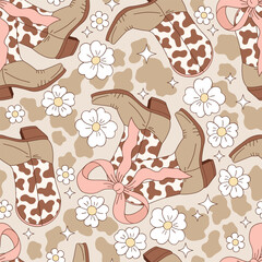 coquette wild west cowgirl rodeo outfit boots decorated with a bow on a cow printed background seaml
