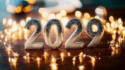 Wall Mural - sparkling silver 2029 sign against twinkling lights, perfect for new year celebrations