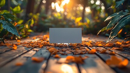 Wall Mural - a minimalist composition of a blank white card on a wooden surface surrounded by autumn leaves long 
