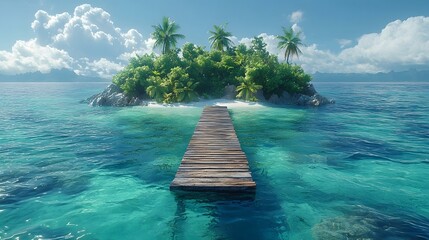Wall Mural - tropical island paradise with wooden pier leading to the crystal clear ocean