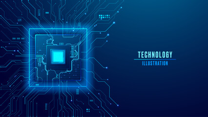 Fototapete - Abstract digital technology semiconductor with light blue electronics components. Futuristic circuit board background. AI chip concept. Tech background with empty text right side. Vector illustration