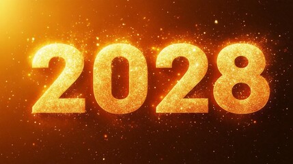 Wall Mural - Glowing Golden 2028 on Orange Shimmering Background with Abstract Sparkles for New Year Celebration
