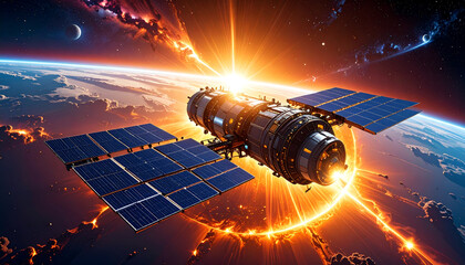 Wall Mural - a massive solar power station orbits near the sun, its large panels glowing as they harvest intense 