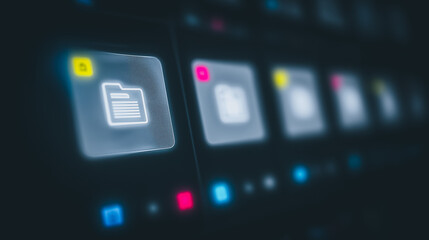 Wall Mural - digital icons of information: illuminated digital icons represent files and folders on a screen, sym