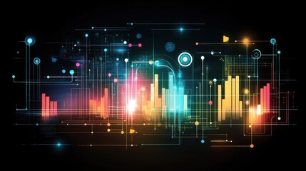 Abstract digital data network with colorful graphs and charts on dark background.