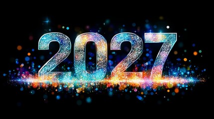 Wall Mural - Sparkling New Year 2027 Celebration with Colorful Fireworks and Glitter Effect on Black Background
