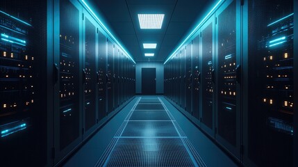 Aufkleber - Symmetrical corridor in a futuristic data center with glowing blue lighting and secure server cabinets on both sides, showing high tech network infrastructure and ventilation floor panels
