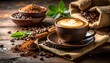 © Radio - Artistic coffee presentation showcasing latte art, beans, and rustic burlap texture