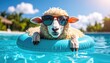 © Emas77 - Sheep enjoys a refreshing swim, clad in cool sunglasses, relaxing summertime vibe
