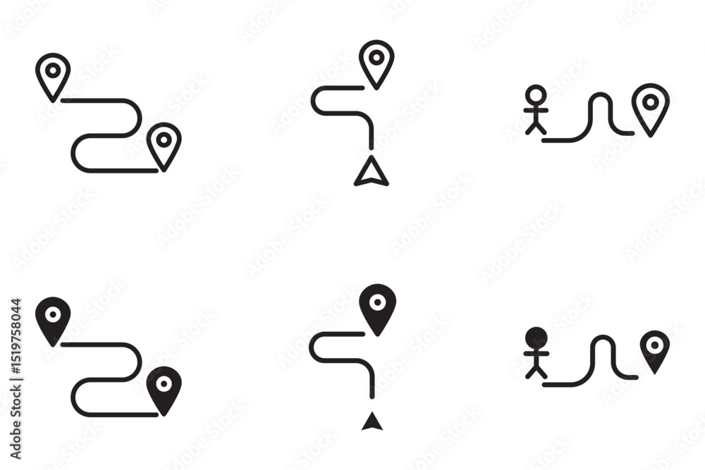 single route tracking icon set, 2 pin pathfinding, flat design vector ...